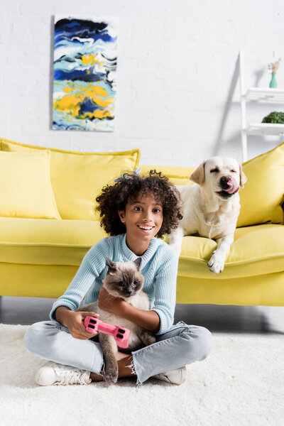 KYIV, UKRAINE - OCTOBER 02, 2020: happy african american girl with joystick embracing cat near dog lying on sofa at home