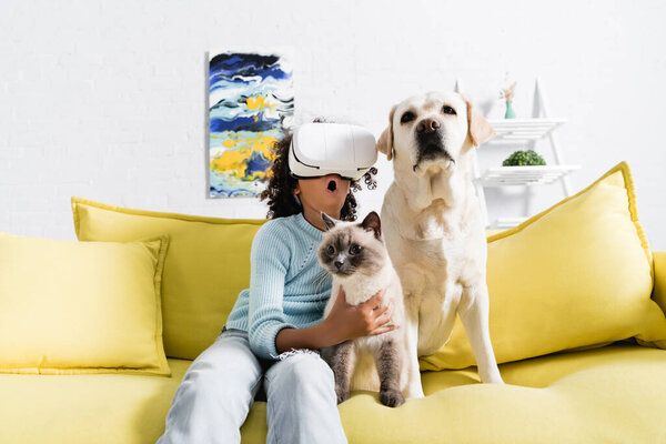 Excited african american girl in vr headset sitting near retriever and cat on sofa at home