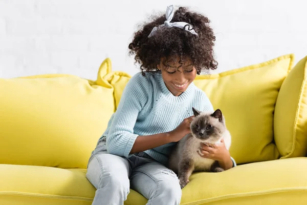 Chica Afroamericana Feliz Con Diadema Acariciando Mirando Gato Mientras Está — Foto de Stock