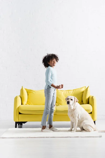 Labrador Sitting African American Girl Laughing While Standing White Rug — Foto Stock