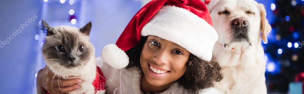 cheerful african american girl in santa hat looking at camera near fluffy cat and labrador dog on blurred background, banner