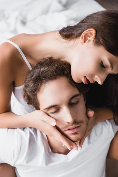 Sexy Woman Embracing Boyfriend Closed Eyes — Stock Photo, Image