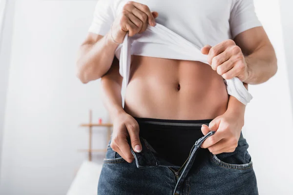 Partial View Sexy Woman Undressing Boyfriend Jeans Shirt — Stock Photo, Image