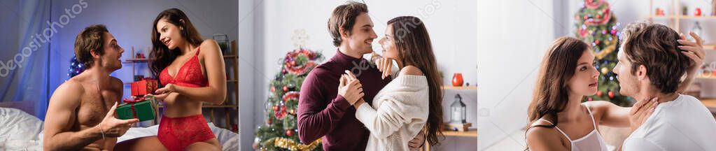 collage of man and woman in sweaters embracing near decorated christmas tree and sexy couple exchanging gifts, banner