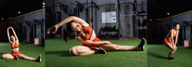 Sporcu kadın kolajı yan eğilme egzersizi yapıyor ve spor salonunda esniyor.