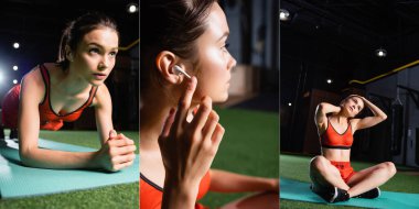 sporcu kadın kolajı kalas pozisyonunda egzersiz, fitness paspası üzerinde esneme, ve kablosuz kulaklıkla müzik dinleme, afiş