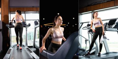 collage of young sportswoman running on treadmill and standing with towel, banner clipart