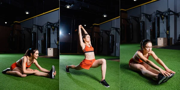 Collage Sportswoman Doing Forward Lunges Seated Bend Exercises While Training — Stock Photo, Image