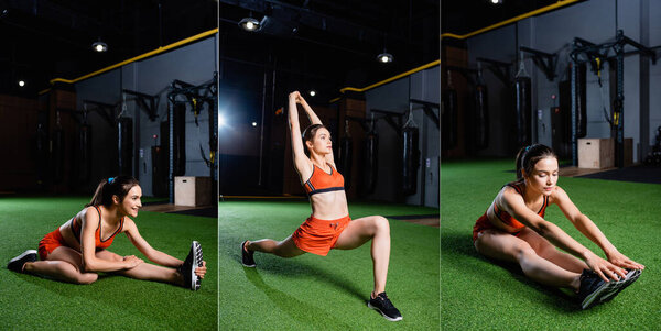collage of sportswoman doing forward lunges and seated bend exercises while training in gym, banner