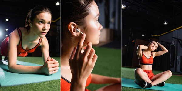 collage of sportswoman exercising in plank pose, stretching on fitness mat, and listening music in wireless earphone, banner
