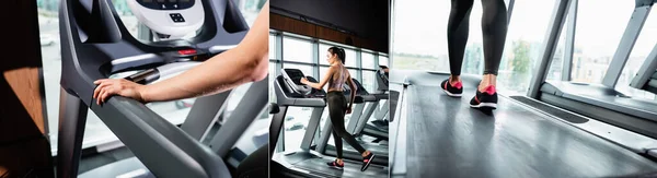 Collage Young Sportswoman Training Treadmill Sports Center Banner — Stock Photo, Image