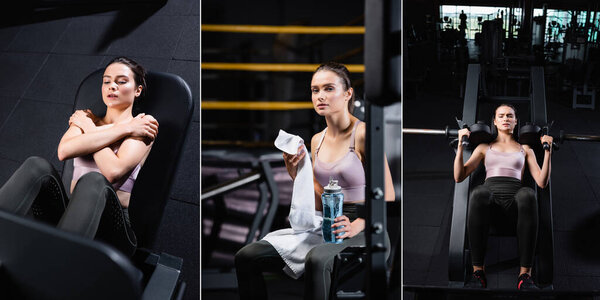 collage of sportswoman exercising on training machines, and resting while holding sports bottle and towel, banner