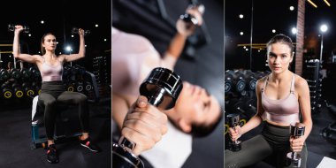 Spor salonunda dambıllarla egzersiz yapan spor kadın kolajı, afiş