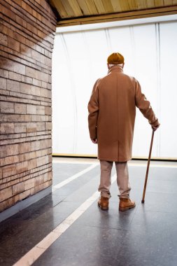 Elinde baston olan, sonbahar kıyafetleri giyen, metro peronunda duran yaşlı bir adamın arka görüntüsü.