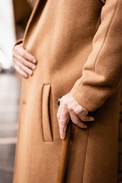 Περικοπή Άποψη Του Ηλικιωμένου Άνδρα Φθινοπωρινό Παλτό Στέκεται Μπαστούνι Στο — Φωτογραφία Αρχείου