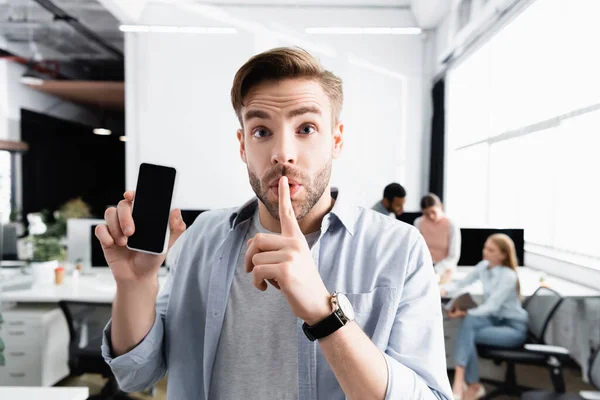 Businessman Showing Smartphone Blank Screen Quiet Sign Office — Stock Photo, Image