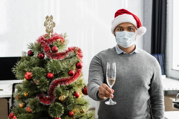 Indian Businessman Medical Mask Santa Hat Holding Glass Champagne Christmas — Stock Photo, Image