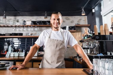 Önlüklü genç, yakışıklı bir barmen kafeteryada dikilirken kameraya bakıyor.