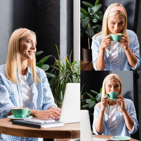 Collage Smiling Freelancer Drinking Coffee Typing Laptop Cafe Blurred Foreground — Stock Photo, Image