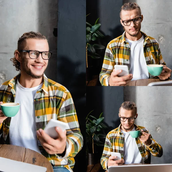 Collage Young Emotional Freelancer Messaging Mobile Phone While Holding Cup — Stock Photo, Image
