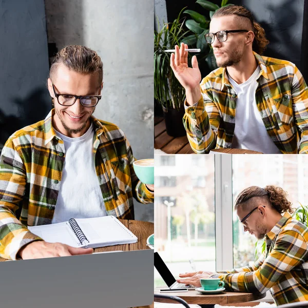 Collage Stylish Freelancer Eyeglasses Plaid Shirt Typing Laptop Holding Pen — Stock Photo, Image