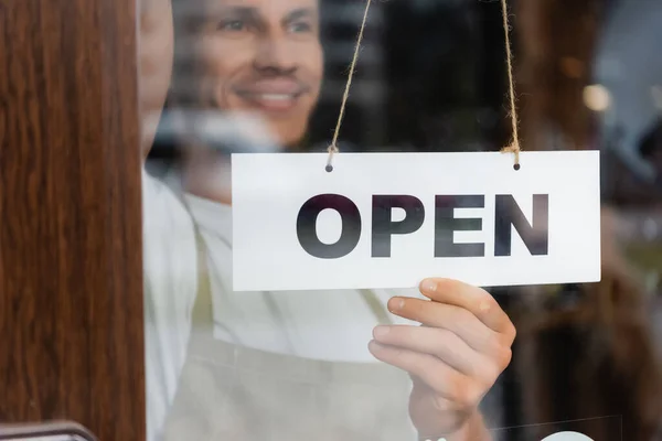 Smiling Barista Hanging Card Open Lettering Door Cafe Entrance — Stock Photo, Image