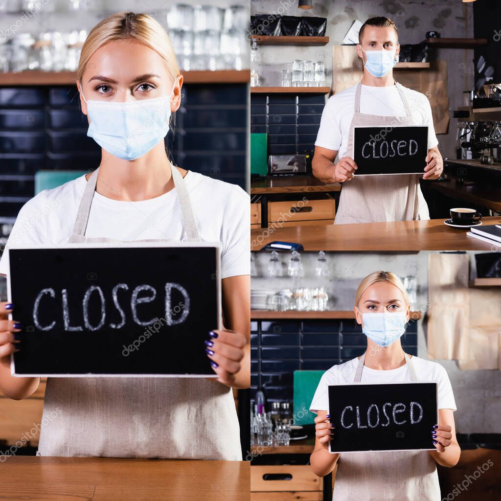 collage of young baristas in medical masks holding board with closed lettering 