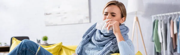 Young Woman Scarf Holding Napkin Nose Couch Banner — Stock Photo, Image