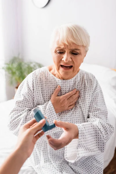Senior Woman Holding Hand Chest While Suffering Suffocation Taking Inhaler — Stock Photo, Image