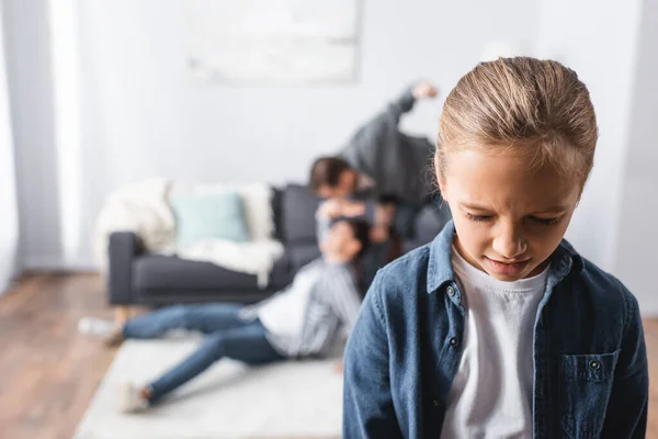 Crying Girl Standing Father Beating Mother Floor Living Room Blurred — Stock Photo, Image