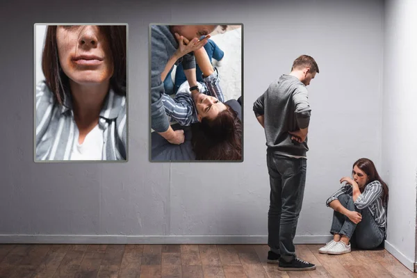 Abusador Mirando Esposa Con Moretones Cerca Fotos Violencia Doméstica Pared — Foto de Stock