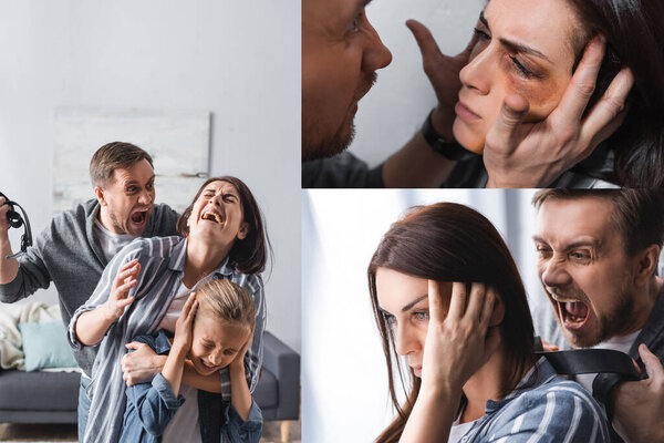 Collage of angry man holding waist belt near wife with bruises and scared kid at home 
