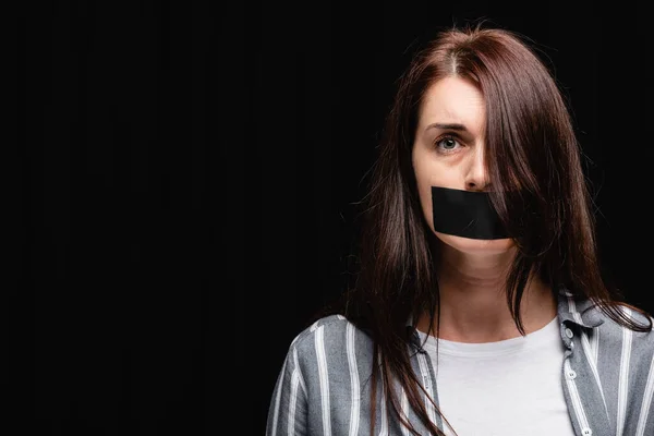 Victim Domestic Violence Adhesive Tape Mouth Looking Camera Isolated Black — Stock Photo, Image
