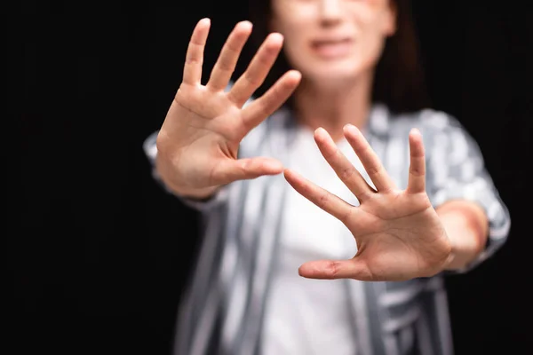 Cropped View Victim Domestic Violence Blurred Background Showing Shop Gesture — Stock Photo, Image