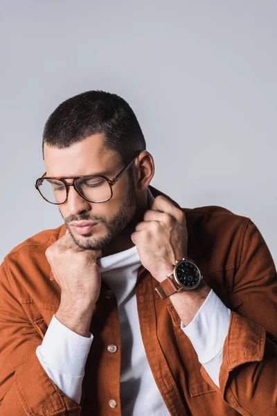 Young Man Eyeglasses Holding Collar Turtleneck Isolated Grey — Stock Photo, Image