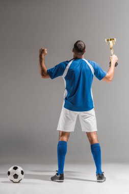 Gri arka planda futbol sahasının yanında şampiyonlar kupasını tutarken atletik bir adamın yaptığı hareketin arkası. 