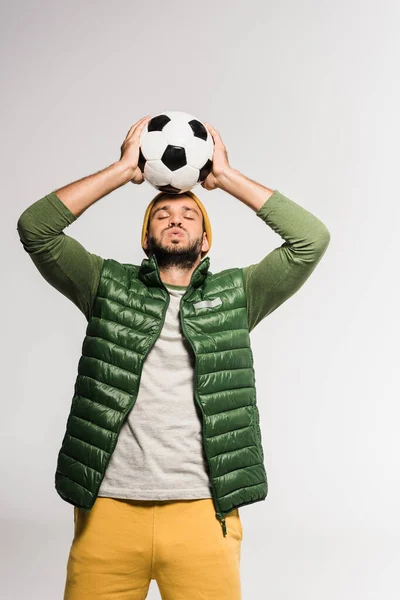 Young Bearded Sportsman Holding Football Head Isolated Grey — Stock Photo, Image