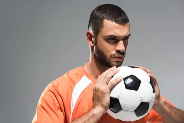 Serious Sportsman Sportswear Holding Football Isolated Grey — Stock Photo, Image