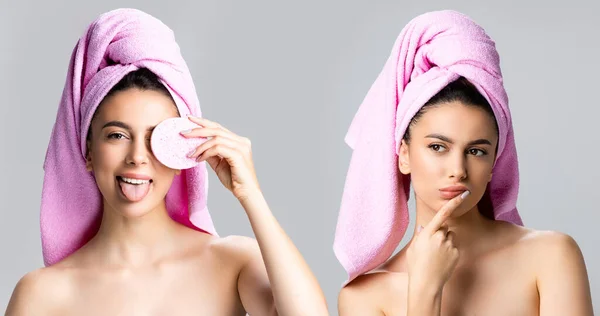 Collage Pensive Beautiful Woman Towel Hair Sponge Isolated Grey — Stock Photo, Image