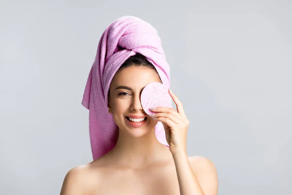 Smiling Beautiful Woman Towel Hair Sponge Isolated Grey — Stock Photo, Image