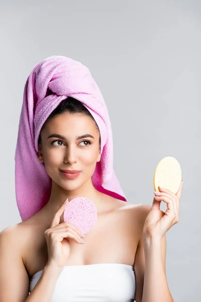 Beautiful Woman Towel Hair Holding Sponges Isolated Grey — Stock Photo, Image