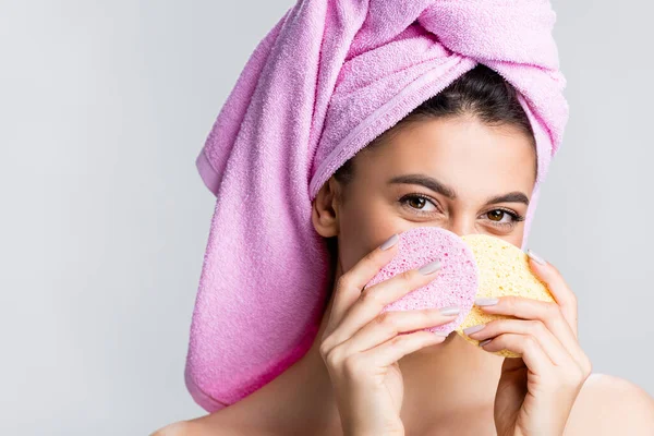 Beautiful Woman Towel Hair Holding Sponges Isolated Grey — Stock Photo, Image