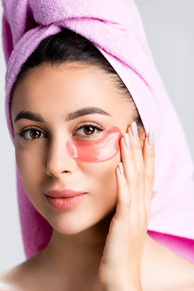 Beautiful Woman Towel Hair Hydrogel Eye Patch Face Isolated Grey — Stock Photo, Image