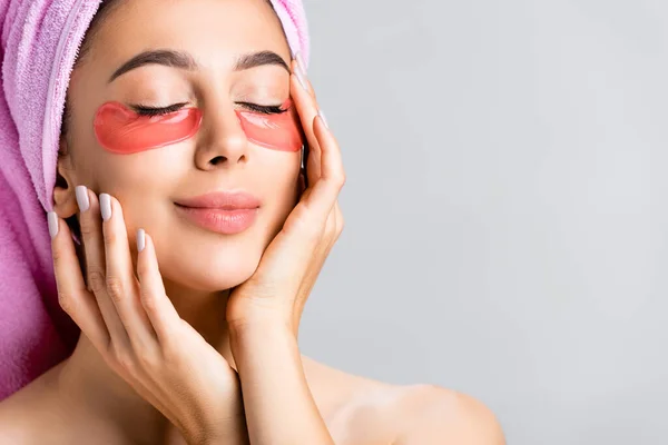 Beautiful Woman Towel Hair Hydrogel Eye Patches Face Isolated Grey — Stock Photo, Image