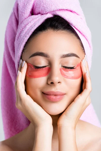 Beautiful Woman Towel Hair Hydrogel Eye Patches Face Isolated Grey — Stock Photo, Image