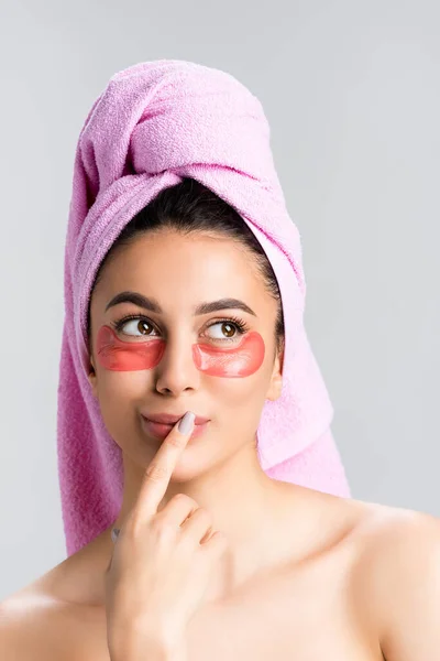 Dreamy Beautiful Woman Towel Hair Hydrogel Eye Patches Face Isolated — Stock Photo, Image