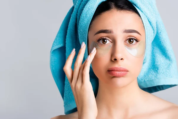 Sad Beautiful Woman Blue Towel Hair Hydrogel Eye Patches Face — Stock Photo, Image