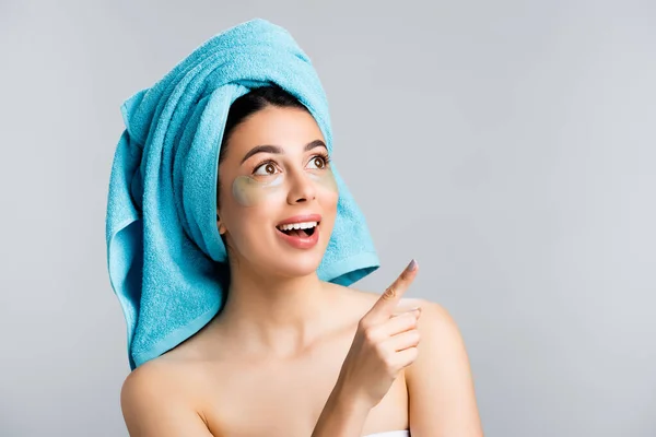 Shocked Beautiful Woman Blue Towel Hair Hydrogel Eye Patches Face — Stock Photo, Image