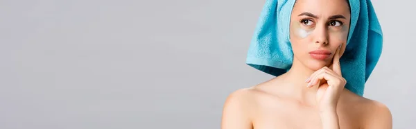 Pensive Beautiful Woman Blue Towel Hair Hydrogel Eye Patches Face — Stock Photo, Image