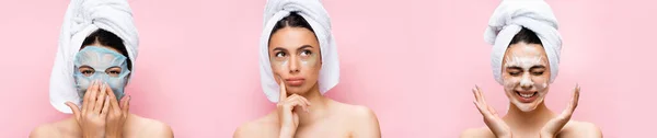 Collage Hermosa Mujer Con Toalla Cabello Hoja Máscara Parches Hidrogel — Foto de Stock